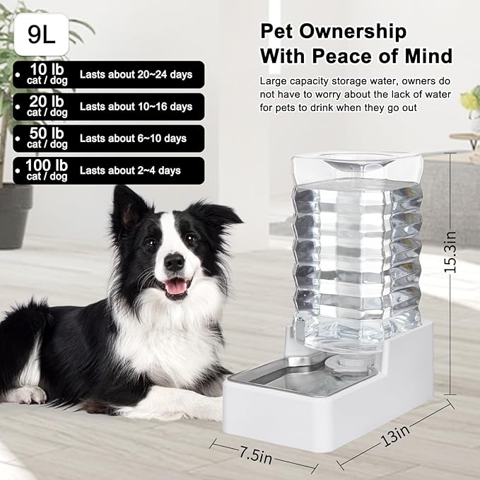 Sfozstra 9L Upgraded Dog Water Bowl Dispenser, Stainless Steel Bowl, Automatic Gravity Cat Water Dispenser, BPA-Free, Large Capacity Water Dispenser with Two Caps and Filters(White,9L+)