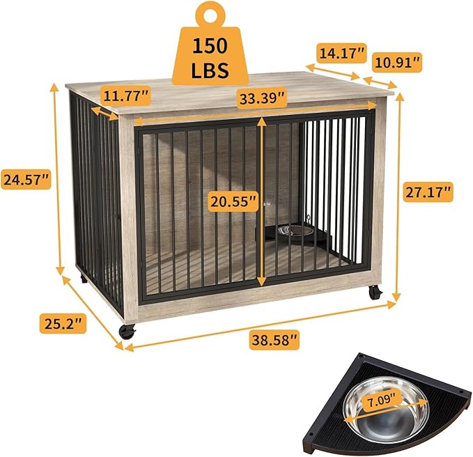 39" Dog Crate Furniture with Rotatable Bowls, Wooden Dog Crate End Table, Decorative Heavy Duty Dog Kennel Furniture Indoor with Double Doors 4 Wheels
