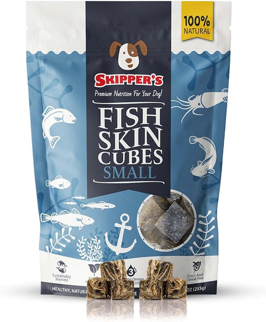 SKIPPER'S Cod Fish Skin Small Jerky Cubes - Gently Air Dried Single Ingredient Cod Skin Dog Treats, Rich in Omega 3 & Grain Free Crunchy Bites, Hypoallergenic & Gluten Free | Great for Teeth (9 Oz)