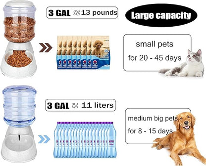 Automatic Feeder and Water Dispenser in Set,Gravity Food Feeder and Waterer with Pet Food Mat,Large, 3 Gallonx 2, Gray (Water and Food Dispenser Set)