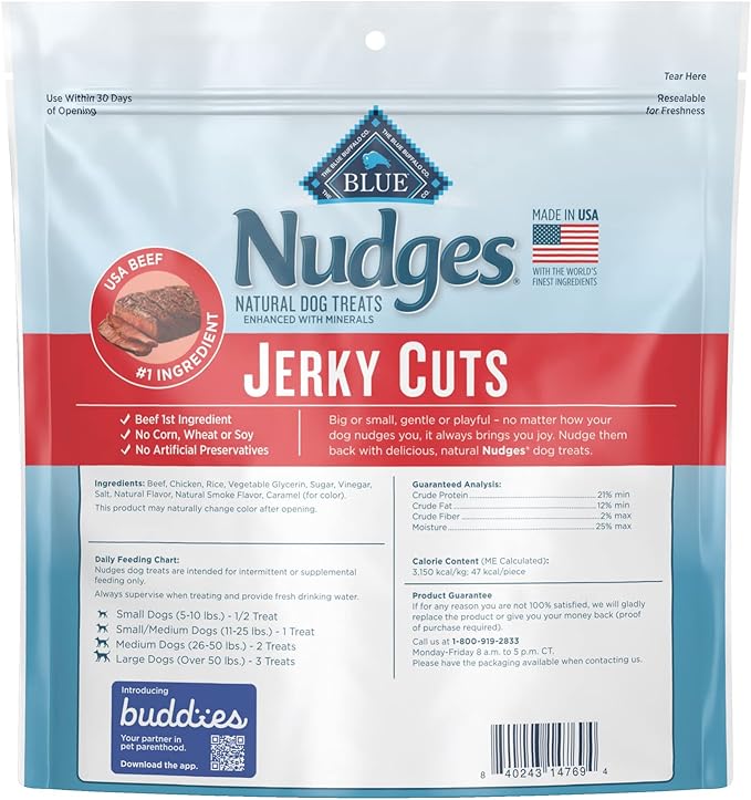Blue Buffalo Nudges Jerky Cuts Natural Dog Treats, Steak, 10oz Bag