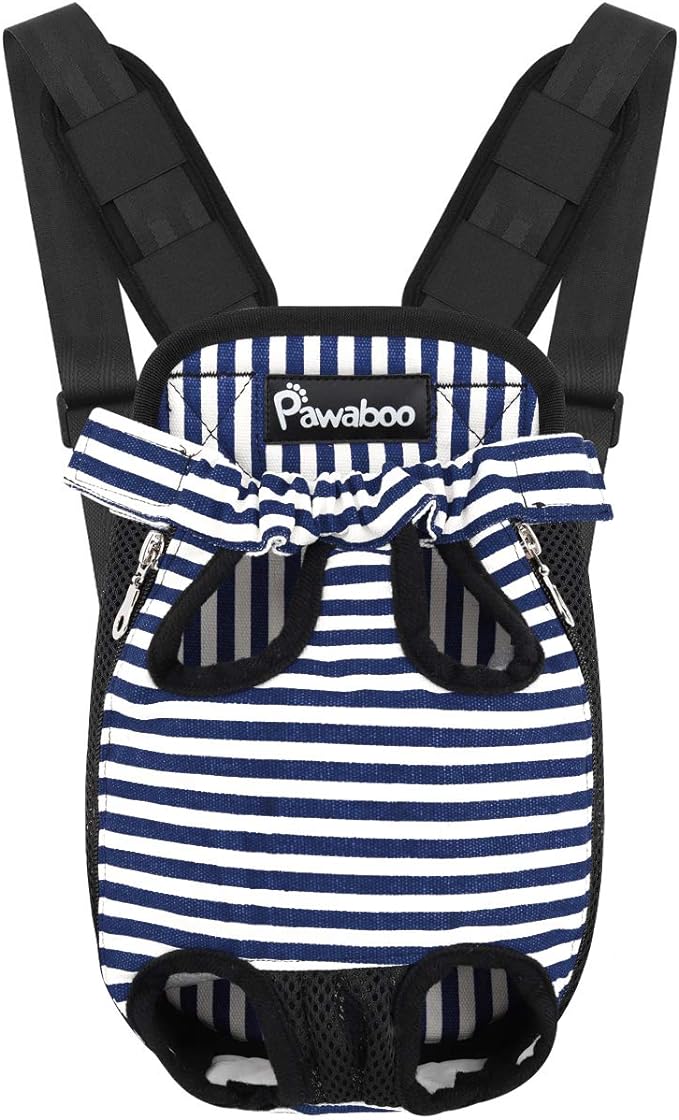 Pawaboo Pet Carrier Backpack, Adjustable Pet Front Cat Dog Carrier Backpack Travel Bag, Legs Out, Easy-Fit for Traveling Hiking Camping for Small Medium Dogs Cats Puppies, Small, Blue & White Stripes