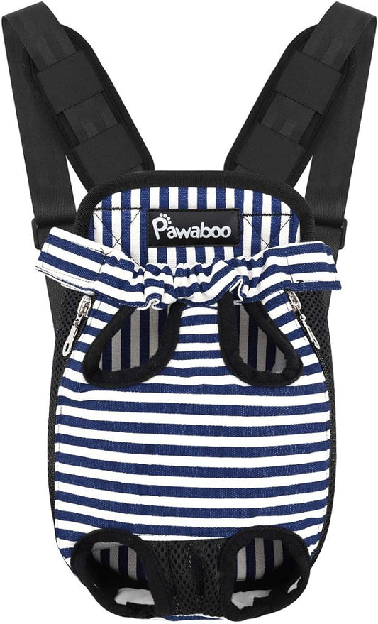 Pawaboo Pet Carrier Backpack, Adjustable Pet Front Cat Dog Carrier Backpack Travel Bag, Legs Out, Easy-Fit for Traveling Hiking Camping for Small Medium Dogs Cats Puppies, Small, Blue & White Stripes