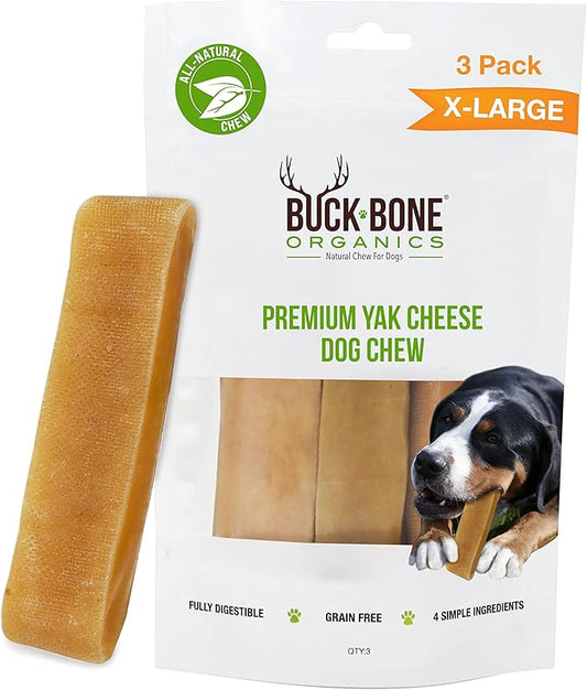 Buck Bone Organics Yak Cheese Chews for Dogs, All Natural Himalayan Yak Chew, Long Lasting Pet Treats, Odor Free, with Limited Ingredients (3 Ex Large Sticks)