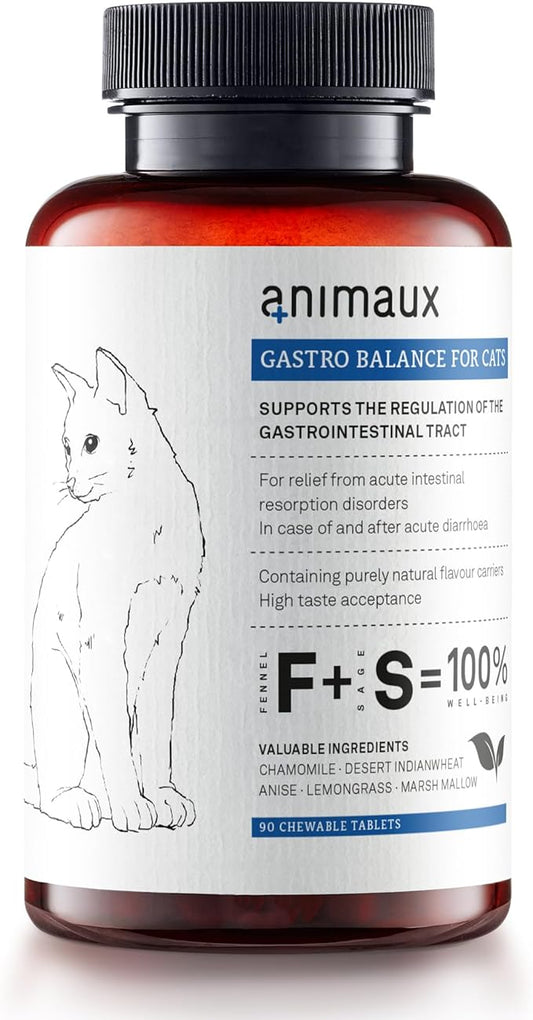 animaux - Gastro Balance for Cats, Supports Gastro-intestinal Tract, Prevents Diarrhoea, Constipation, Hairballs & Flatulence, supplementary probiotics, 90 chewable Tablets, 90 days supply
