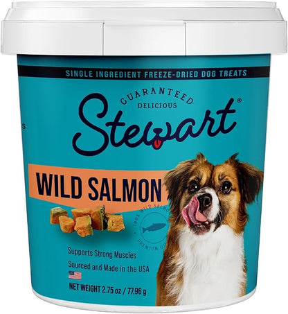 Stewart Freeze Dried Dog Treats, Wild Salmon, 2.75 oz Grain Free & Gluten Free, Resealable Tub, Single Ingredient, training treat in Beef Liver, Salmon, Chicken Liver & Chicken Breast 4, 14, 21 oz