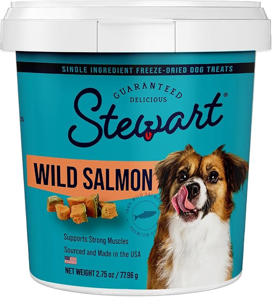 Stewart Freeze Dried Dog Treats, Wild Salmon, 2.75 oz Grain Free & Gluten Free, Resealable Tub, Single Ingredient, training treat in Beef Liver, Salmon, Chicken Liver & Chicken Breast 4, 14, 21 oz
