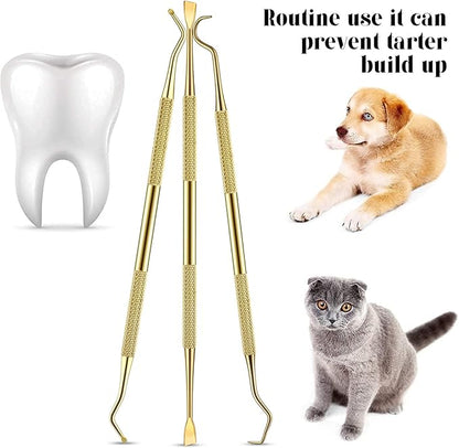 Hotop 3 Pieces Dog Dental Tooth Scaler and Scraper Stainless Double Headed Tarter Remover Scraper Pet Teeth Cleaning Tools for Dog and Cat (Gold)