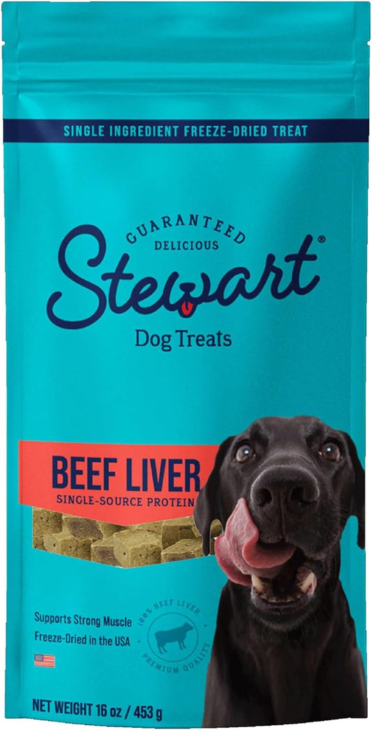 Stewart Freeze Dried Dog Treats, Beef Liver, 16 oz, Grain Free & Gluten Free, Resealable Pouch, Single Ingredient, training treat in Beef Liver, Salmon, Chicken Liver & Chicken Breast 4, 14, 21 oz
