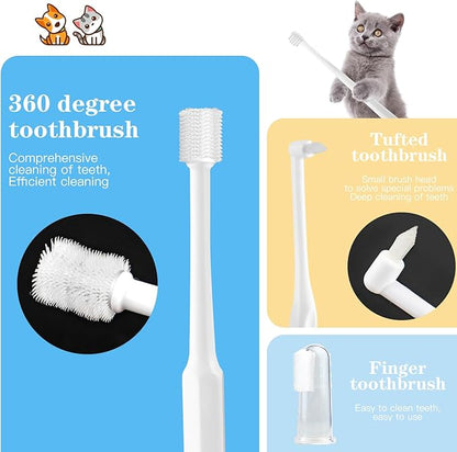 Dog Toothbrush Brushing Kit, Cat Tooth brushing Kit, Suitable for All Cats and Dogs Dental Care. White, Soft Bristles, Pet Toothbrush Kit Meets All Cleaning Needs, Multi-Functional Dental Cleaning