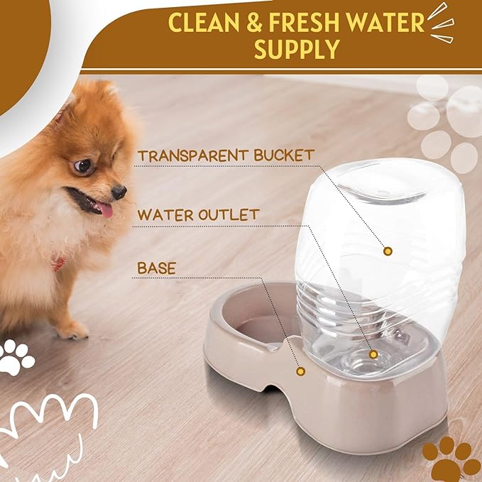Flexzion Pet Water Dispenser Station, Beige (1/4 Gallon) Auto Replenish Gravity Waterer Drinking Fountain Bottle Bowl Dish Portable Stand for Small Dog Cat