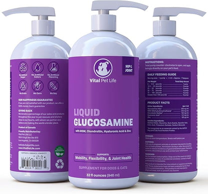 Liquid Glucosamine for Dogs Cats & Horses with Chondroitin, MSM, and Hyaluronic Acid, Hip & Joint Supplement for Mobility & Comfort, Supports Joint Health & Flexibility, Mobility, & Protection, 32 oz