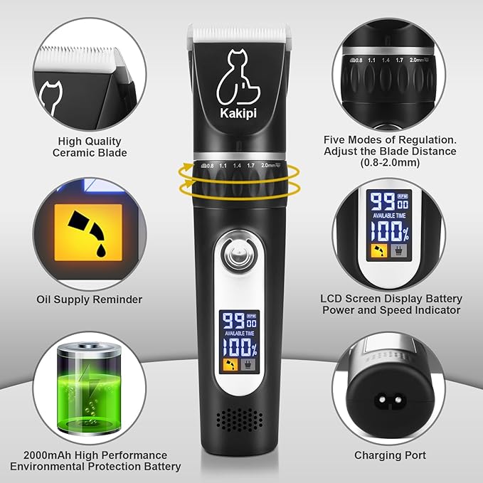 Dog Grooming Kit with LCD Display, Low Noise Dog Clippers for Grooming, Heavy Duty Dog Trimmer, Dog Grooming Supplies with Scissor, Shaver for Dogs Cats Pets, Electric Quiet Cordless
