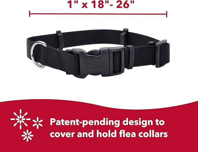Coastal Pet SecureAway Flea Collar Protectors - Comfortable Dog Collar Accessory - Protective Flea Collar for Dogs - Adjustable Dog & Puppy Flea Collar Protection - Black, 1" x 18-26"