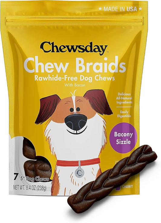5-Inch Dog Chew Braids, Made in The USA, All Natural Rawhide-Free Highly-Digestible Treats, Bacony Sizzle - 7 Count