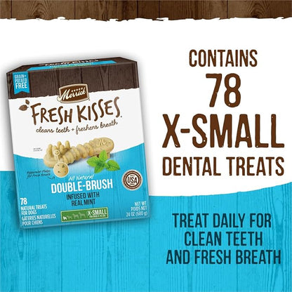 Merrick Fresh Kisses Natural Dental Chews Toothbrush Treat Shape Infused With Real Mint For Tiny Dogs 5-15 Lbs - 20 ct. Bag(Pack of 1)