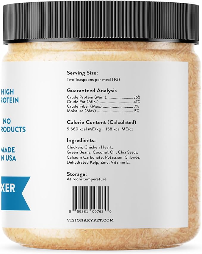 Visionary Pet Foods Gourmet Freeze Dried Meal Mixer, Dry Food Topper, High in Protein, Low Carb and Grain Free, Healthy Snack for Dogs, Chicken Flavor 6oz. Jar