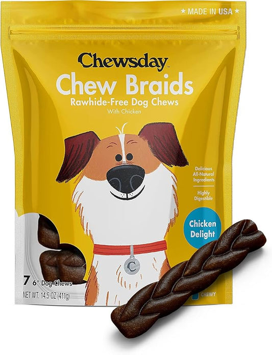 6-Inch Dog Chew Braids, Made in The USA, All Natural Rawhide-Free Highly-Digestible Treats, Chicken Delight - 7 Count