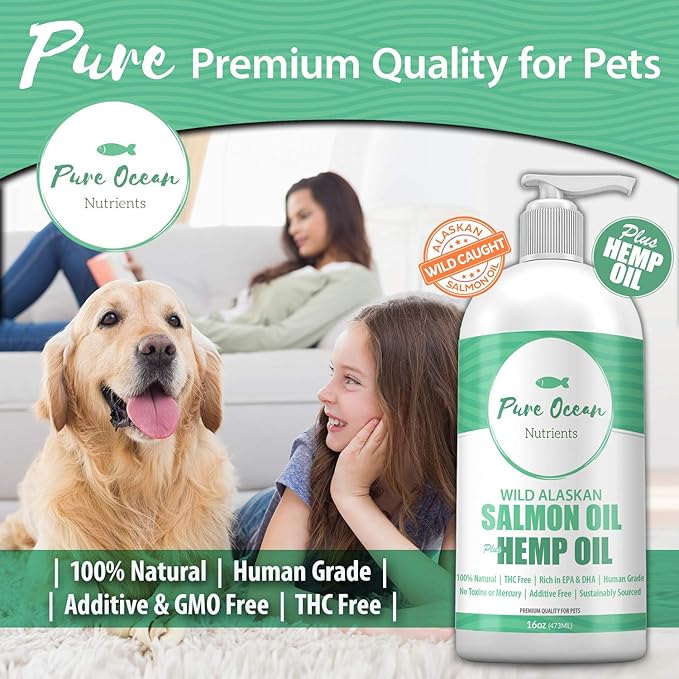 Wild Alaskan Salmon Fish & Hemp Seed Oil for Dogs 16 oz; Natural Liquid Supplement with Omega 3's Support Joint, Heart, and Immune Health; Essential Fatty Acids Promote a Shiny Coat and Healthy Skin