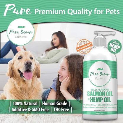Wild Alaskan Salmon Fish & Hemp Seed Oil for Dogs 16 oz; Natural Liquid Supplement with Omega 3's Support Joint, Heart, and Immune Health; Essential Fatty Acids Promote a Shiny Coat and Healthy Skin