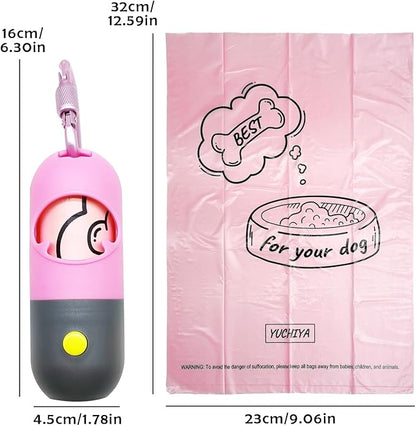 Dog Poop Bag Dispenser with Flashlight|Dog Poop Bag Holder with Leash Clip|Hands-Free Leash Poop Bag Holder with Straps and 1 Roll Dog Waste Bags (Pink)