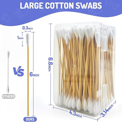 200pcs Large Cotton Swabs in Storage Box, 6 Inch Long Cotton Swabs with Bamboo Handle for Dogs - Professional Dog Ear Swabs, Big Cotton Swabs, Specially Designed for Dogs, Cleaning Solution