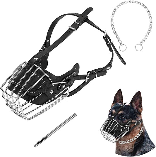 Dog Muzzle, Dog Metal Face Basket, Dog Mouth Breathable Adjustable Leather Leash Suitable for Large Medium-Sized Dogs.