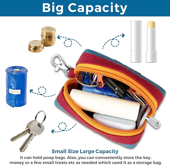 Dog Poop Bag Holder Zippered Pouch, Portable Dog Poop Bag Dispenser with 1 Metal Clip, Fashion Color Matching Canvas Waste Bag Holder for Leashes - 2pack