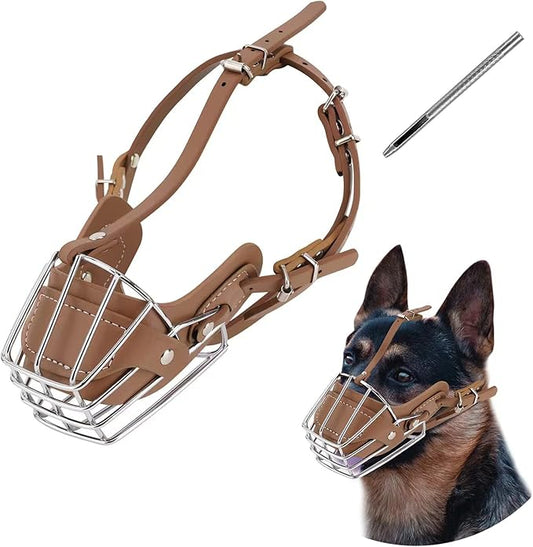 Dog Muzzle, Dog Metal Face Basket, Dog Mouth Breathable Adjustable Leather Leash Suitable for Large Medium-Sized Dogs (BrownM)