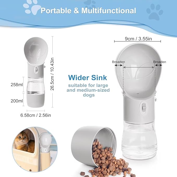 Portable Dog Water Bottle - Dishwasher Safe Material Multifunctonal Pet Dispenser Outdoor 2in1 Leek-Proof Dog Water Bottle with Perfect Sink Size - Quench Your Dog's Thirst On-The-Go(Gray)