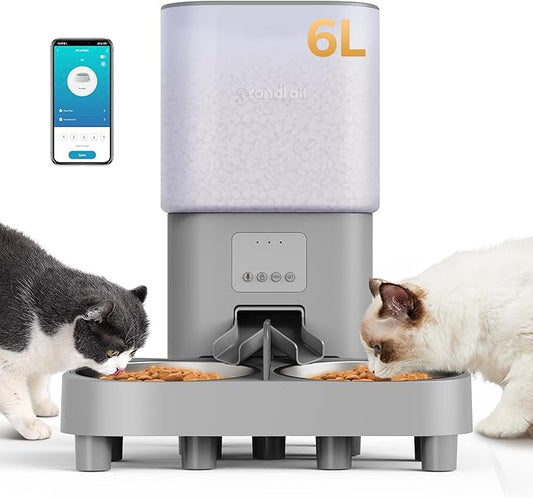 Automatic Cat Feeder, Wifi Cat Food Dispenser with APP Control for 2 Cats & Dogs, 6L Elevated Timed Cat Feeder Programmable 1-10 Meals,10s Meal Call,Dual Power Supply, 2 Stainless Bowls