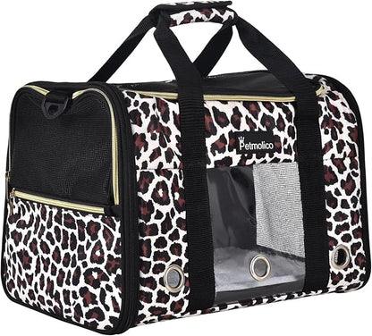 Petmolico Cat Carrier Dog Carrier, Airline Approved Soft Pet Travel Carrier with 3 Open Doors Mesh Windows for Cats Puppy 16 lbs, Leopard