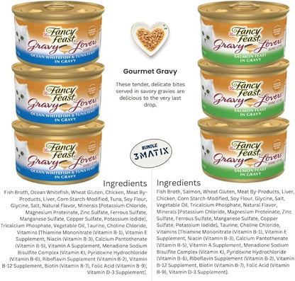 Fancy Feast Wet Cat Food Gravy, Grain Free Chicken Hearts & livers, Turkey, Beef and Seafood Variety Bundle (Pack of 18) 3oz. Cans & 1 Exclusive kit (1x can Sealer, 1x can Opener, 1x Mouse Toy)