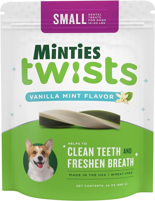 Minties Dental Twists for Dogs, Vet-Recommended Vanilla-Flavored Dental Chews for Tiny/Small Dogs 5-39 lbs lbs, Dental Treats Clean Teeth, Fight Bad Breath, and Removes Plaque and Tartar, 24oz