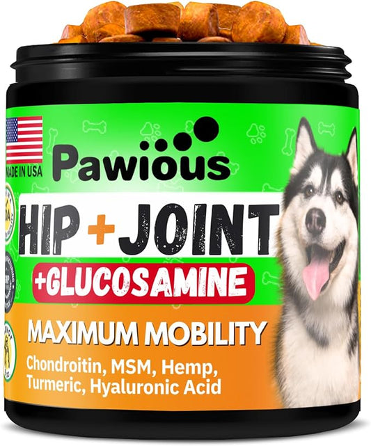 Hip and Joint Chews for Dogs - Glucosamine for Dogs - Dog Joint Pain Relief - Chondroitin, MSM, Turmeric, Hemp Oil Treats - Advanced Support Dog Joint Supplement Health - Mobility Bites