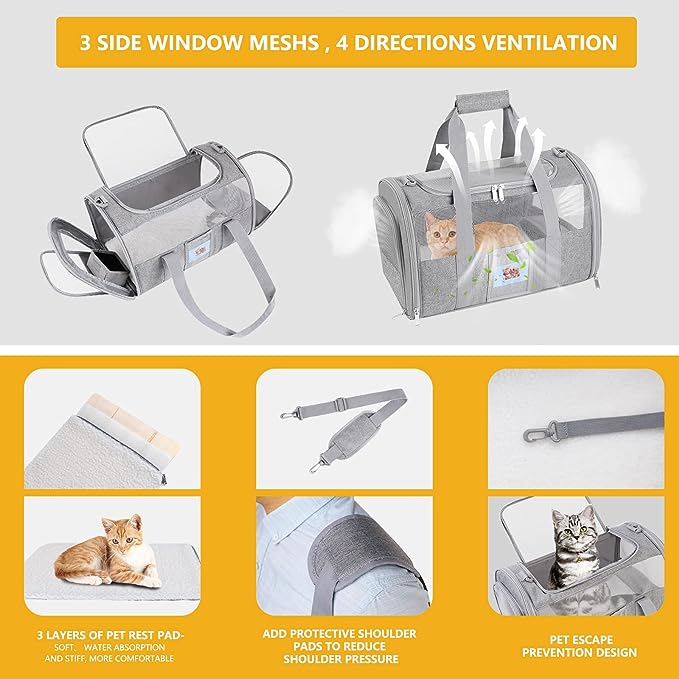 Pet Carrier Airline/TSA Approved Small Dogs, Kitten, Carriers for Small Medium Cats Under 15lb, Collapsible Soft Sided Cat Travel Carrier-Grey