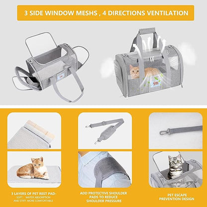 Pet Carrier Airline/TSA Approved Small Dogs, Kitten, Carriers for Small Medium Cats Under 15lb, Collapsible Soft Sided Cat Travel Carrier-Grey