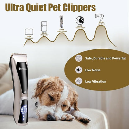 BESTBOMG Professional Dog Grooming Clippers for Thick Heavy Coats,3-Speed Low Noise High Power Rechargeable LED Display Cordless Pet Shaver with Waterproof Dog Shaver for Small & Large Dogs Cats