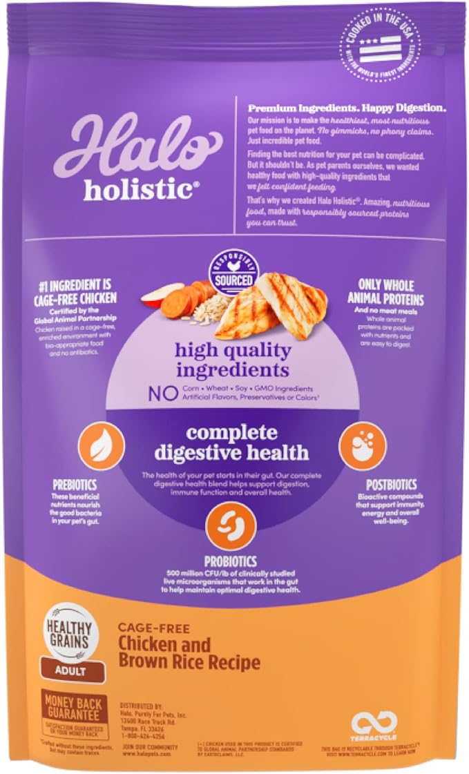 Halo Holistic Dog Food, Complete Digestive Health Cage-Free Chicken and Brown Rice Recipe, Dry Dog Food Bag, Adult Formula, 21-lb Bag