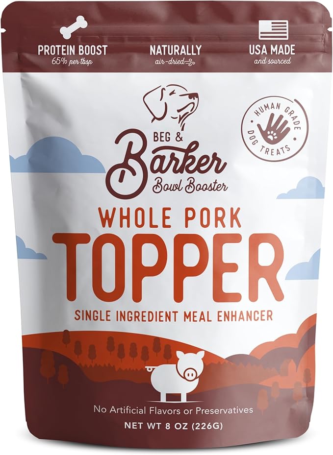 Beg & Barker Pork Dog Food Toppers for Picky Eaters (8 Ounce, Pack of 1) - Bowl Booster with Whole Pork Heart - Premium Meal Mixers for Dogs - Single Ingredient, Human Grade, Grain Free