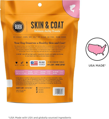 BIXBI Skin & Coat Support Salmon Jerky Dog Treats, 4 oz - USA Made Grain Free Dog Treats - Antioxidant Rich to Support Shiny, Full Bodied Coats - High in Protein, Whole Food Nutrition, No Fillers