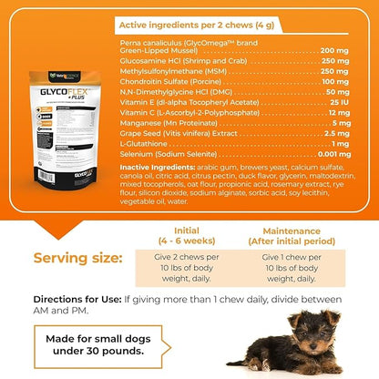 VetriScience GlycoFlex Plus Hip and Joint Supplement for Small Dogs – Extra-Strength Joint Support Chews for Dogs Under 30 Pounds, with Green Lipped Mussel, Chondroitin, and Glucosamine for Dogs