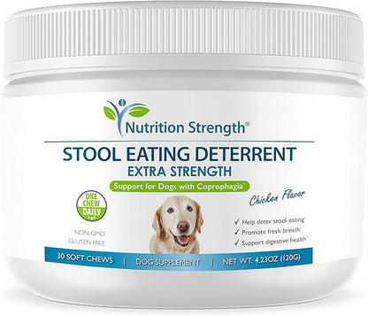 Coprophagia Stool Eating Deterrent for Dogs + Breath Aid, Extra Strength to Deter Dog Poop Eating, Probiotics & Digestive Enzymes for Gut Health & Immune Support, 30 Soft Chews