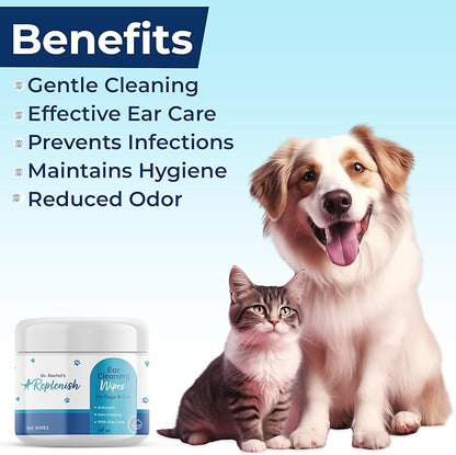 Replenish Cat and Dog Ear Cleaning Wipes - Dr. Rachel's Gentle Cleansing Wipes, Cucumber Melon Scent, Aloe Vera-Infused, 100 Count