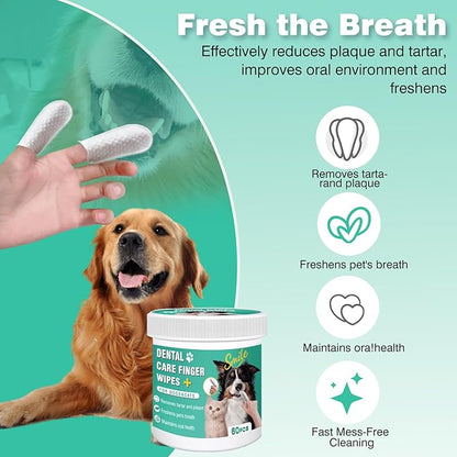 Dog Teeth Cleaning Wipes, Pre-Soaked Pet Tooth Finger Wipes 60pcs, Soothing Cleaning Pet Teeth, Reducing Tartar and Plaque, Freshening Breath, Maintaining Your Dog's Oral Health