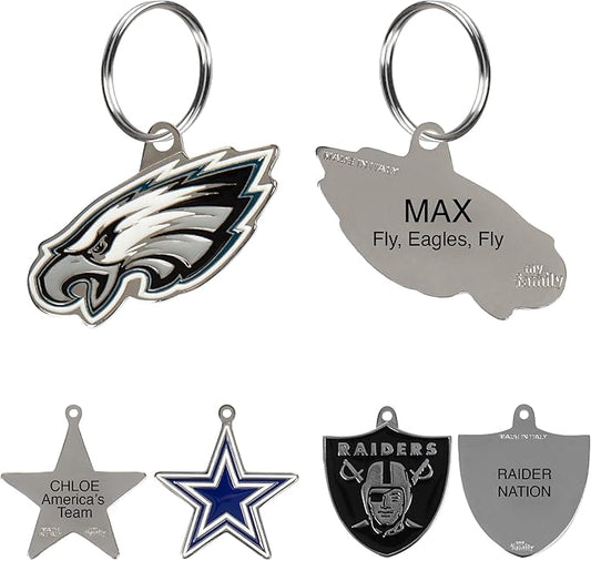 NFL Philadelphia Eagles Engraving Pet ID Tags in 32 Team Logo Shapes Personalized Dog Tags and Cat Tags with 3 Lines of Customizable Text for Tracking & Safety. Stainless Steel Pet ID Tracking Tags