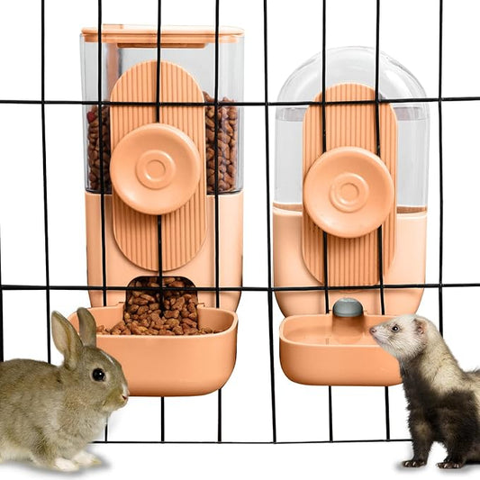 Hanging Automatic Rabbit Feeder for Cage,Small Animal Food and Water Dispenser,Rabbit Water Bottle,Guinea Pig Food Bowl Water Dispenser,Gravity Feeder and Waterer for Cats Dogs (Orange)