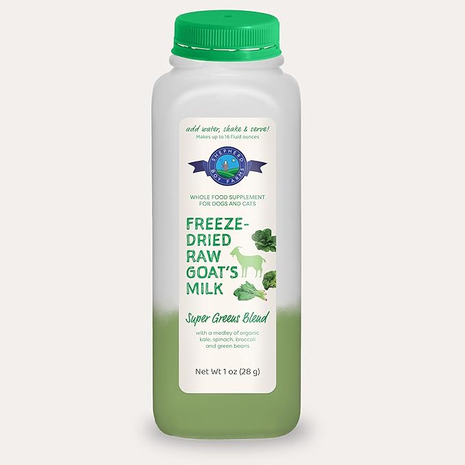 Freeze Dried Raw Goats Milk with Probiotics for Dogs & Cats (Super Greens), Organic USA Veggies & Fruits, High Protein, Digestible Goat Milk Powder, Dog & Cat Food Toppers