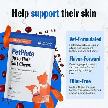 PetPlate Skin & Coat Chews for Dogs, USDA Organic Supplement, Grain-Free, Human-Grade, includes Salmon Oil and Biotin, Pet Supplies (Pack of 1, 9.8 Ounce)