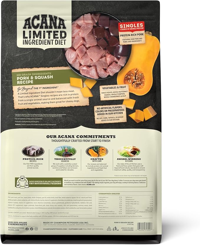 ACANA Singles Limited Ingredient Dry Dog Food, Grain Free, High Protein, Pork & Squash Recipe, 4.5 lb
